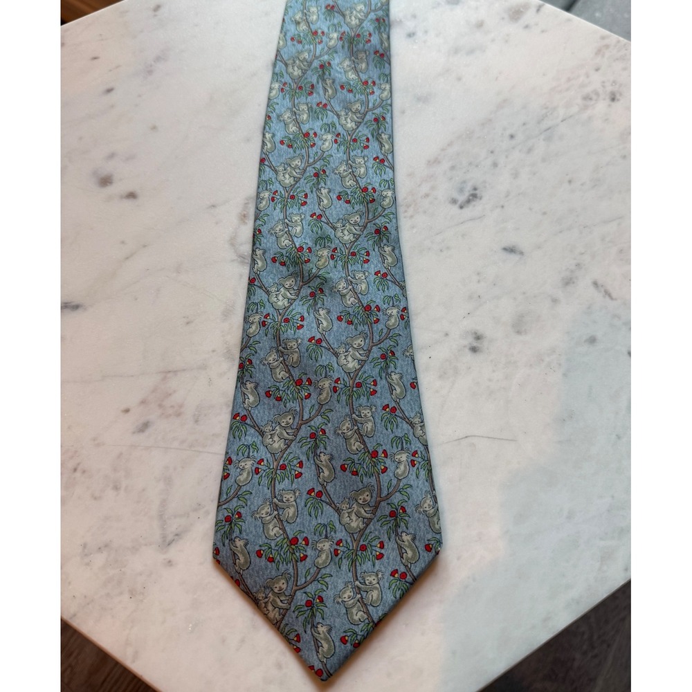 Hermes Silk Koala Family Tie Blue Animal Pattern Made in France‎
